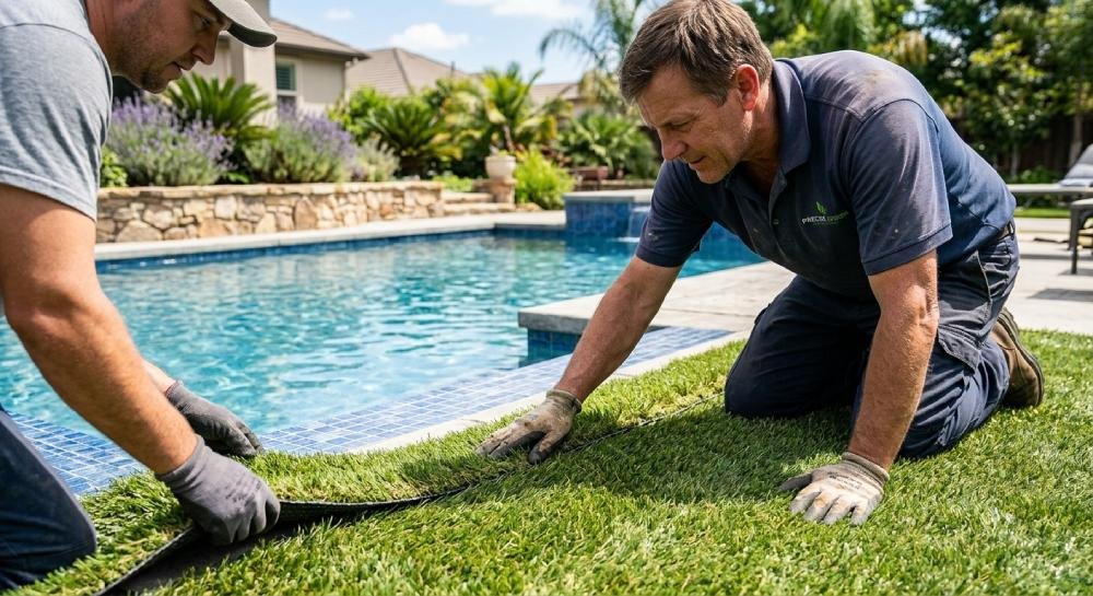 Pose de gazon synth&eacute;tique autour d'une piscine